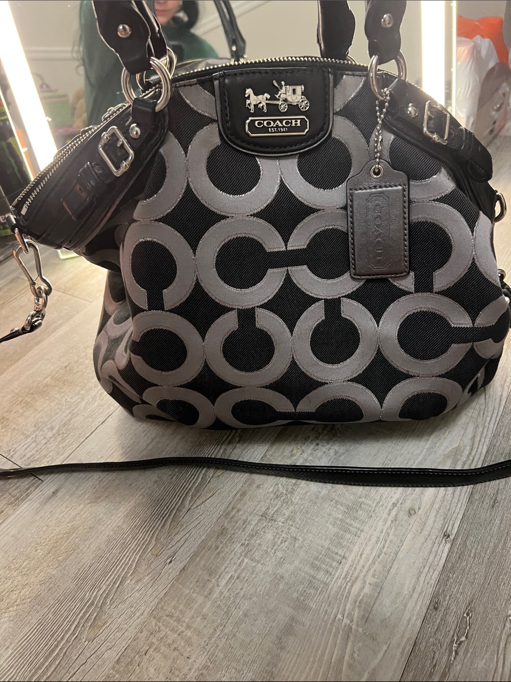 Coach Black & Gray Signature Circle Tote Shoulder Bag